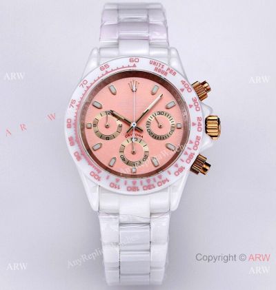 Best Replica AET Remould Rolex White Ceramic Daytona Watch Quartz Pink Dial
